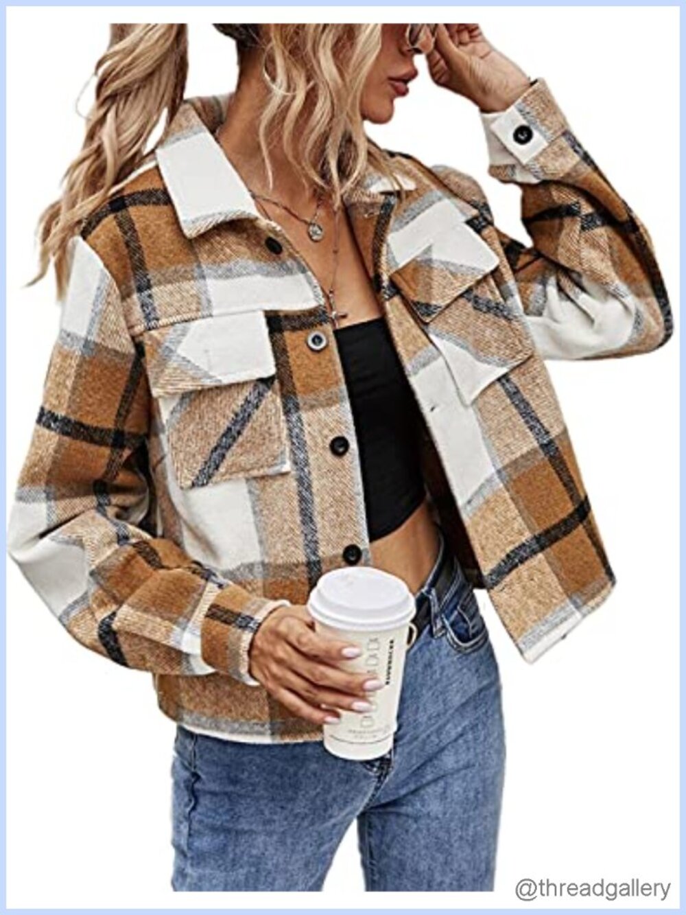 Women's Cropped Plaid Flannel Shacket Button Down Shirt Jacket